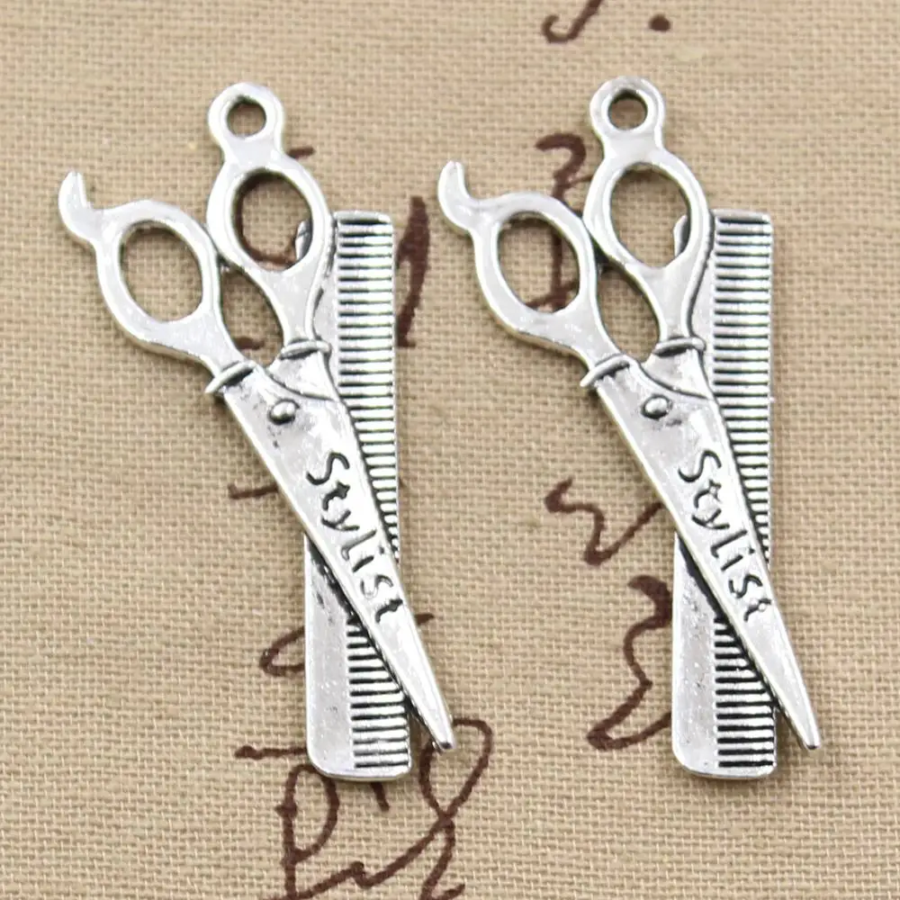 5pcs Charms Barber Scissor Comb Stylist 24x53mm Antique Bronze Silver Color Plated Pendants Making DIY Handmade Tibetan Jewelry