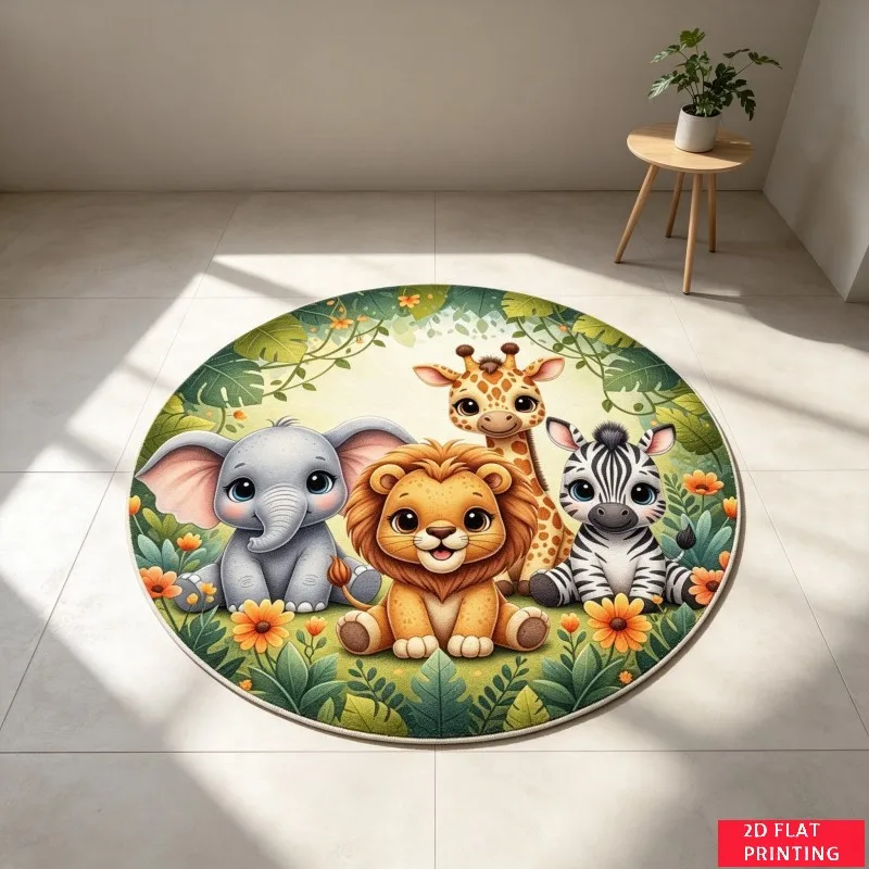 Jungle Safari Baby Animals Lion Elephant Giraffe Zebra Round Rug For Nursery Or Playroom Featuring Cute Cartoon Carpet