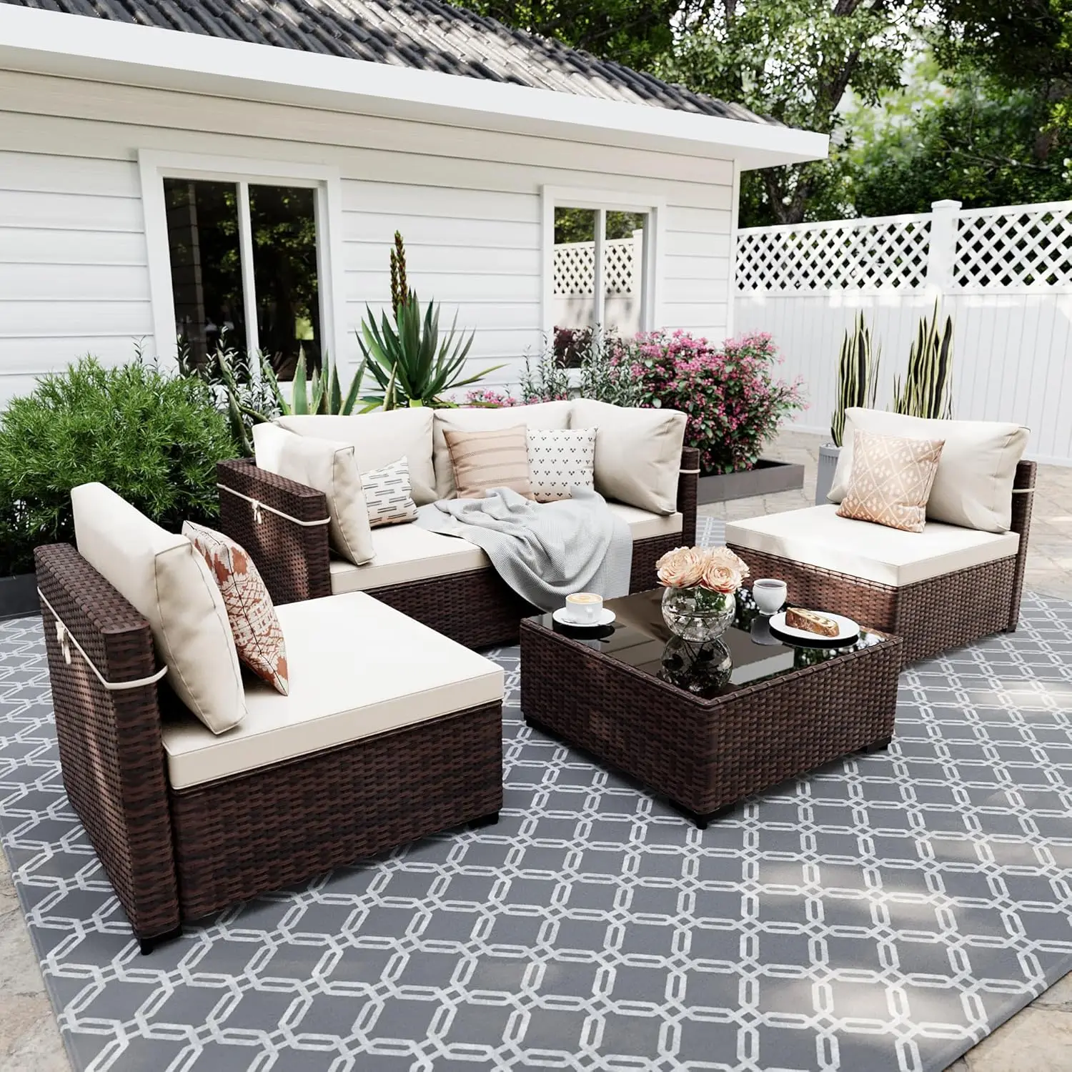 

5 Piece Rattan Sectional Sofa with Table Outdoor Conversation Set Deck Backyard Garden Brown White Cushion, Customized