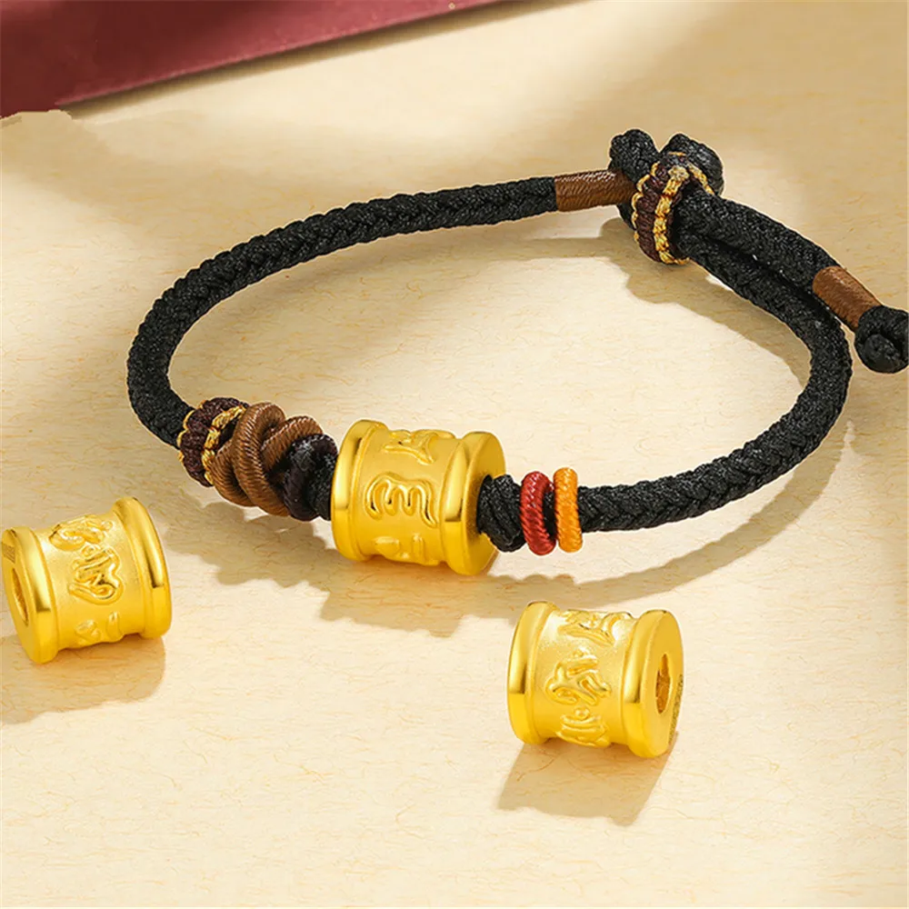 Pure 24K 999 Yellow Gold Men Women Six Words Long Tube Bead Bracelet 0.8-1g