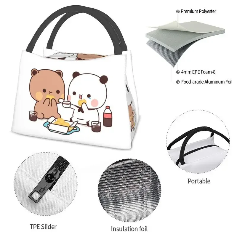 Kawaii mochi gato pêssego e goma sacos de almoço com isolamento térmico feminino resuable almoço tote para piquenique ao ar livre armazenamento refeição caixa de alimentos