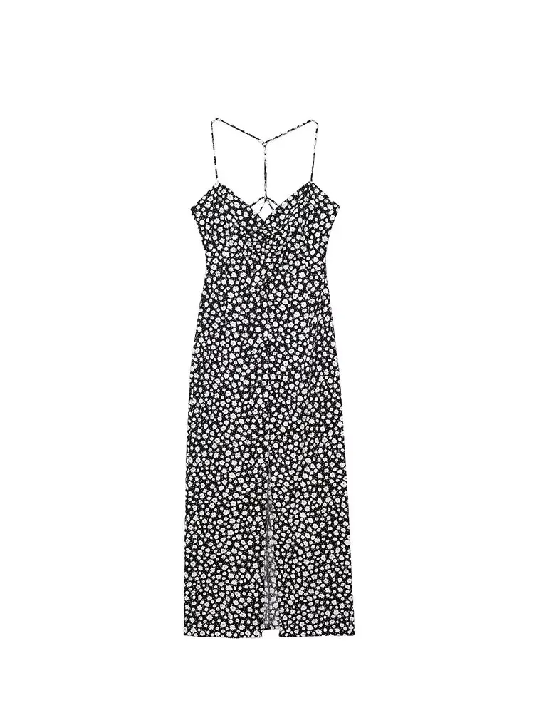 Hh 2024 mulheres verão sexy floral oco para fora vestidos sem mangas feminino dobras moda rendas até casual tornozelo comprimento vestido mujer