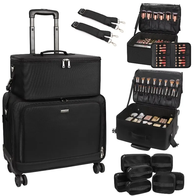 

ReIaveI Rolling Makeup Bag Professional Makeup Artist Bags 2 In1 Cosmetics Case Extra Large Trolley Case with 360° Swivel Wheels