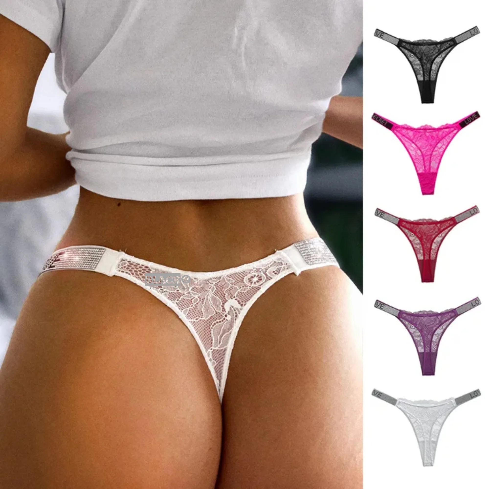 

Women Sexy Thong Letter LOVE Rhinestone Lingerie Low-waist Female Lace G-string Breathable Panties Underwear