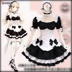 Disfraces de sirvienta negra de Anime para niñas y mujeres, falda de mucama con lazo francés, traje de Cosplay de Amina, trajes de fiesta de camarera