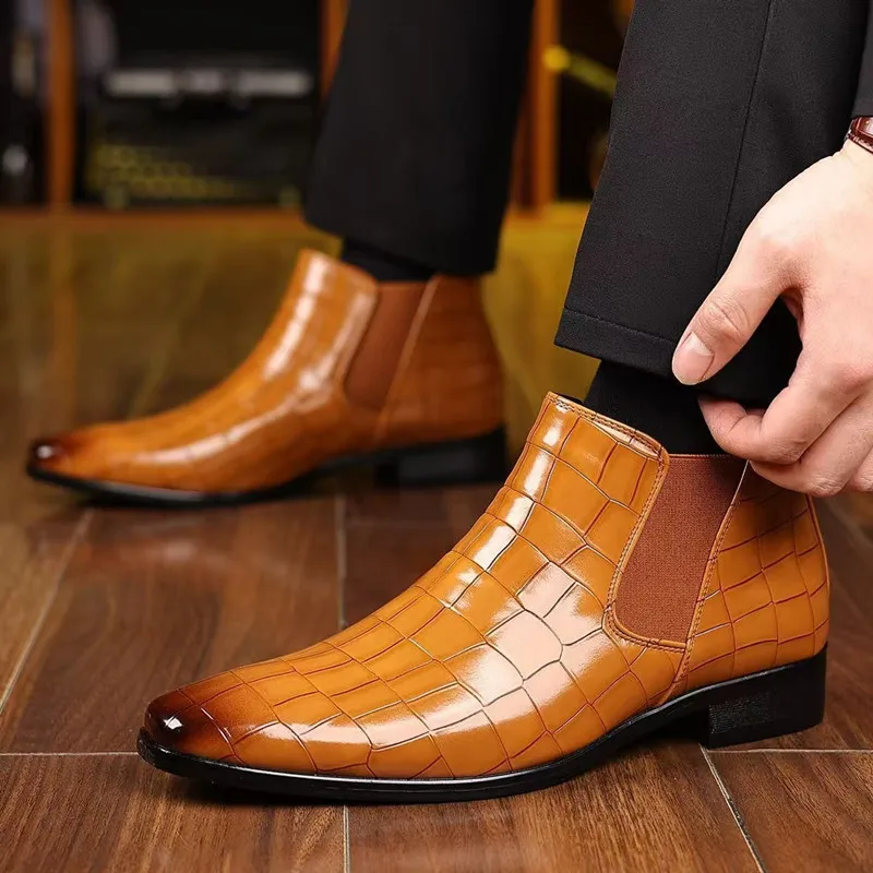 Fashion Brand Leather Men Chelsea Boots Designer Italy Dress Boots Men New Casual Business Ankle Boot Dress Man Shoes Large Size