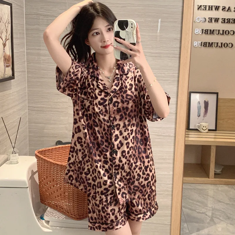 Women\'s Pajamas Sets Spring Autumn 2 Piece Leopard Print Pyjama Faux Silk Satin Sleepwear Short Sleeve Pijama Mujer Pjs Homewear