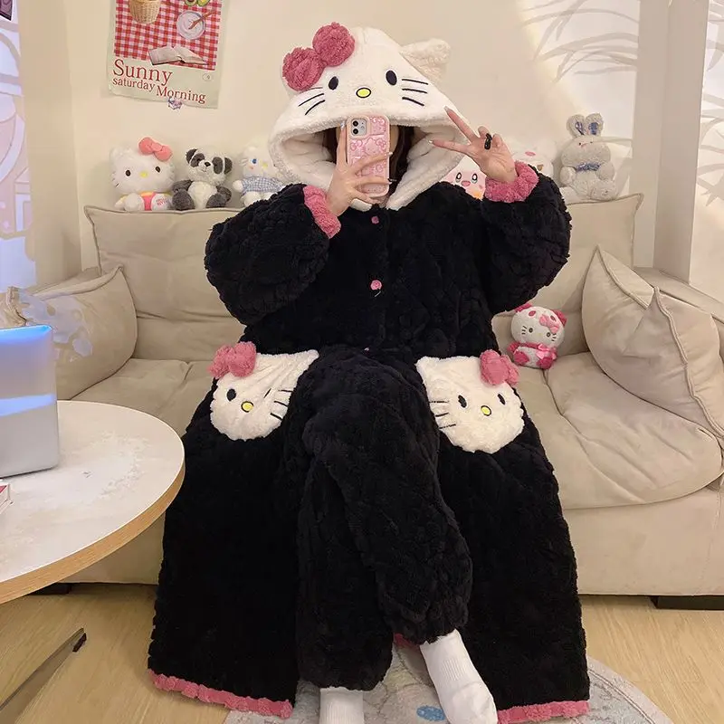 

Коралловая бархатная ночная рубашка Hello Kitty для девочек, осенне-зимняя утолщенная трехслойная стеганая теплая удобная домашняя одежда из двух предметов
