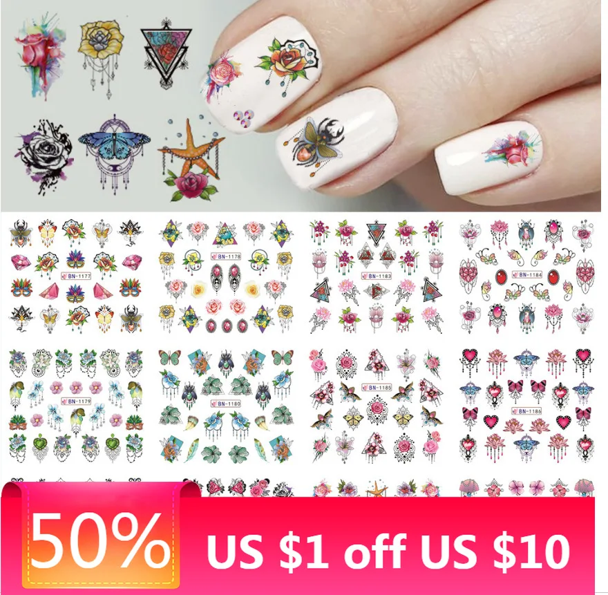 12 Designs Water Transfer Nail Stickers Butterfly Flowers Totems Sliders Manicure Flamingo Monstera Nail Art Watermark Decals