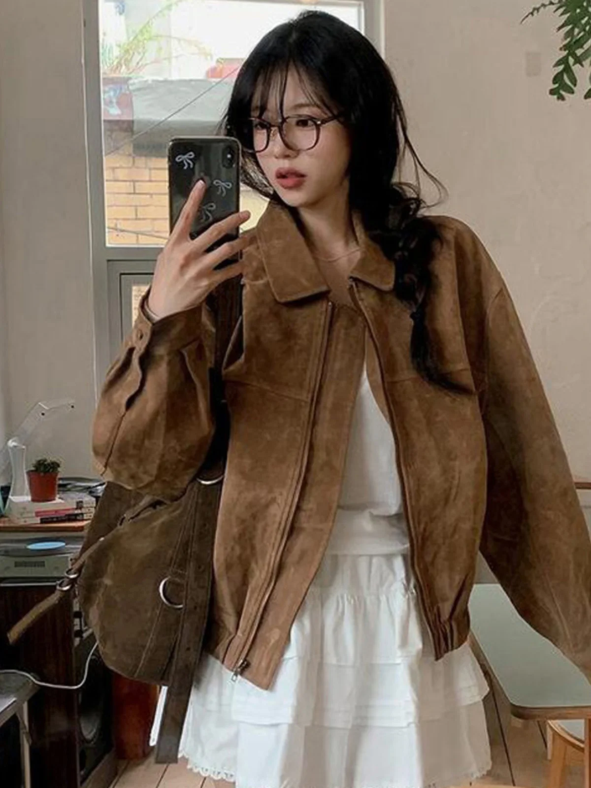 Korean Sle Women's Loose Baseball Jacket Chic Brown Suede Moto Coat Long Sleeve Zipper Closure Solid Color Commute Fashion