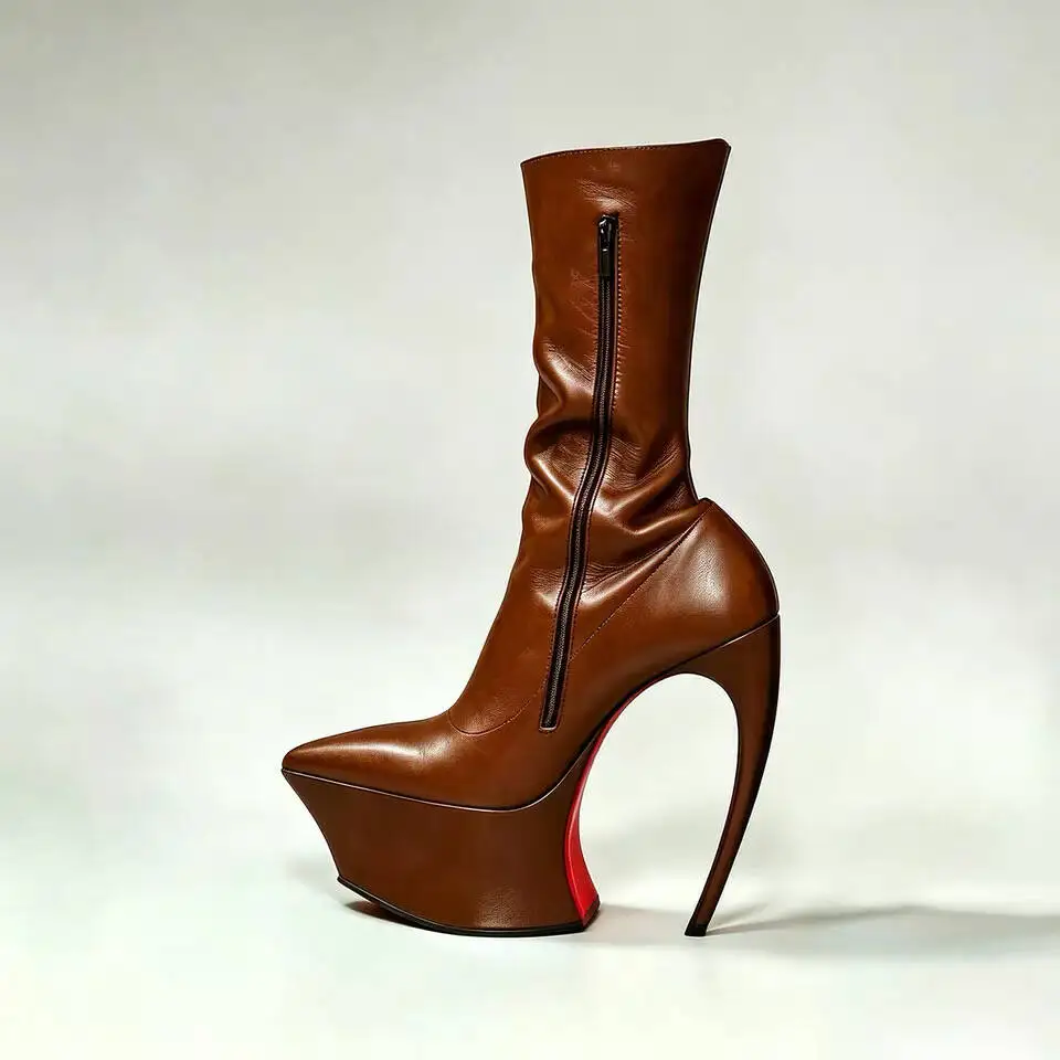 Ladies' Thick Soled Pointed Platform, High Heels, Short Boots, Party Runway, Sexy Fashion Boots, Autumn and Winter Leather Boots