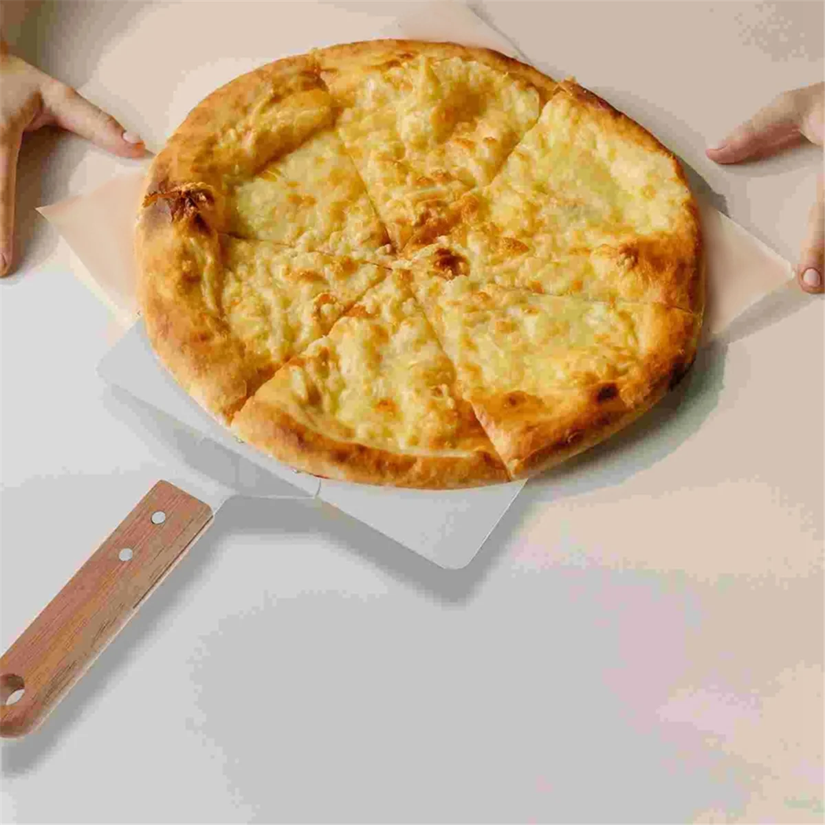 A03R Stainless Steel Pizza Shovel Pizza Oven Accessories Portable Multi-Function Heat- Wooden Handle Square Shovel