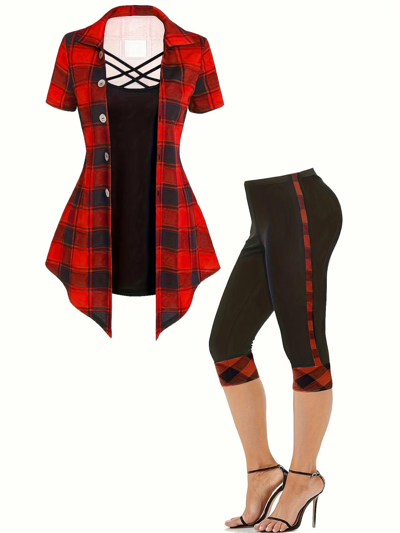 Plus Size Summer Fashion Female Sets Large Navy Blue Plaid Print Short Sleeve Cross Jacket Casual Pants Two-Piece Suit