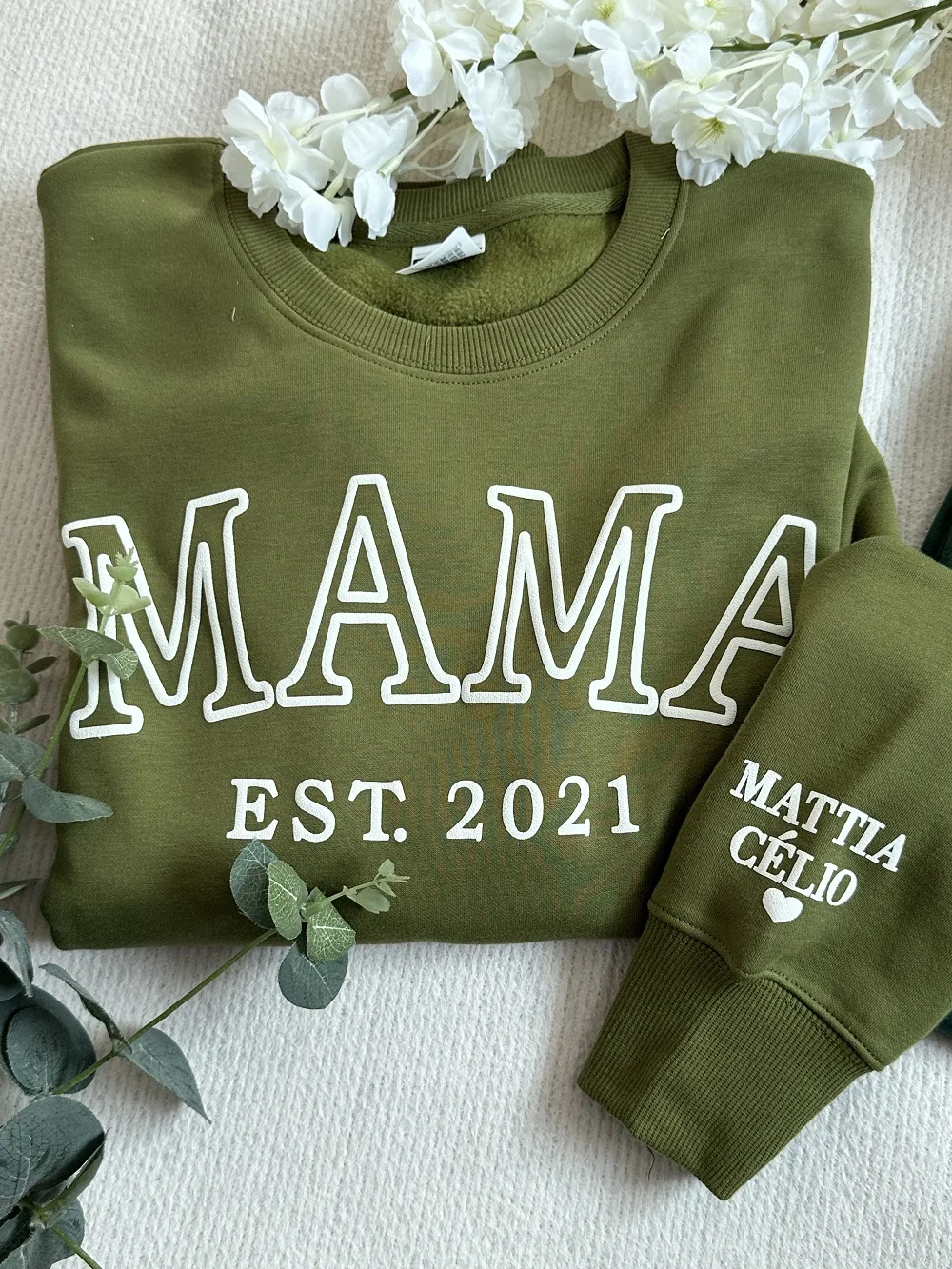 Personalized MAMA EST Year Sweatshirt with Kid Names on Sleeve Minimalist Neckline Sweater Mother Day Gift New Mom Birthday Gift