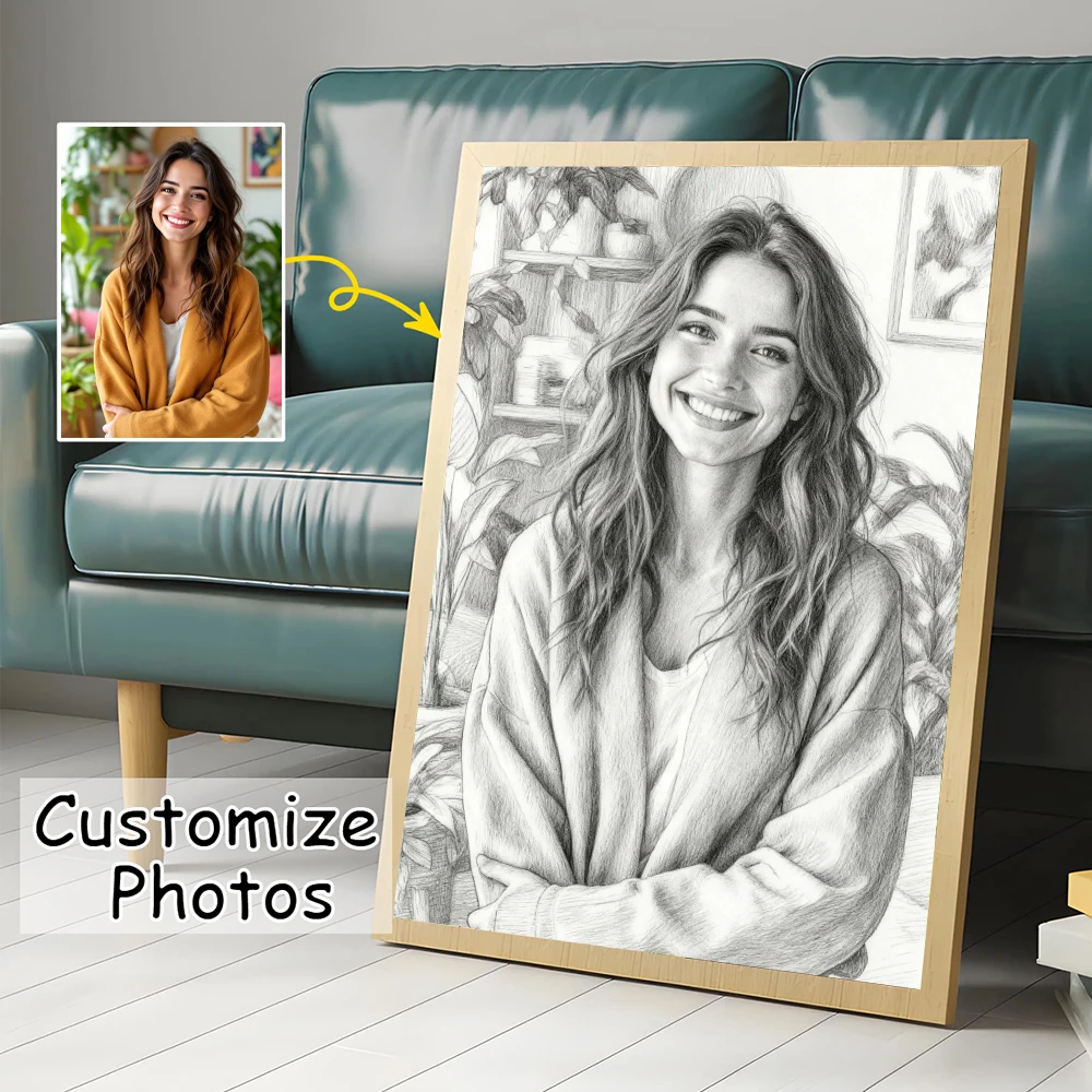 Customize Your Photos Black & White Pencil Sketch Style Canvas Print Wedding Photos Family Pets Wall Art Posters for Home Decor