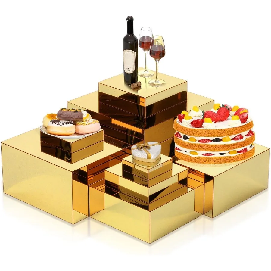 

8 Pack Acrylic Cube Risers Acrylic Boxes for Food Display Decorative Stands with Hollow Bottoms, 8 Sizes(Gold,Flat)