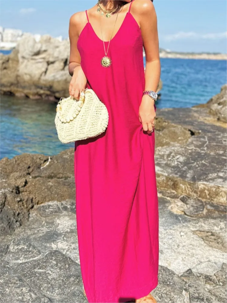 Summer New Boho Maxi Dress For Women's Spaghetti Strap Loose Deep V-neck Solid Beach Holiday Fashion Casual Dresses Robe Femme
