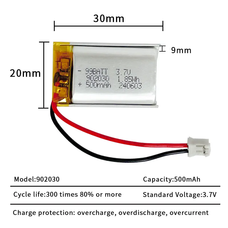Polymer Lithium Battery 902030 500mAh 3.7V Rechargeable Li-po Batteries for Solar Light Dvd Mp3/mp4 Tracker Anti-theft Device