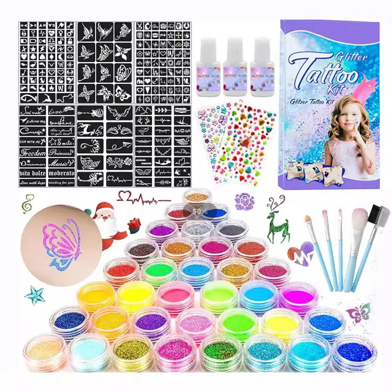 

Временная блестящая татуировка с трафаретами, 30 блестящих цветов, блестящий набор для макияжа для взрослых и детей, подарки для девочек и мальчиков на день рождения