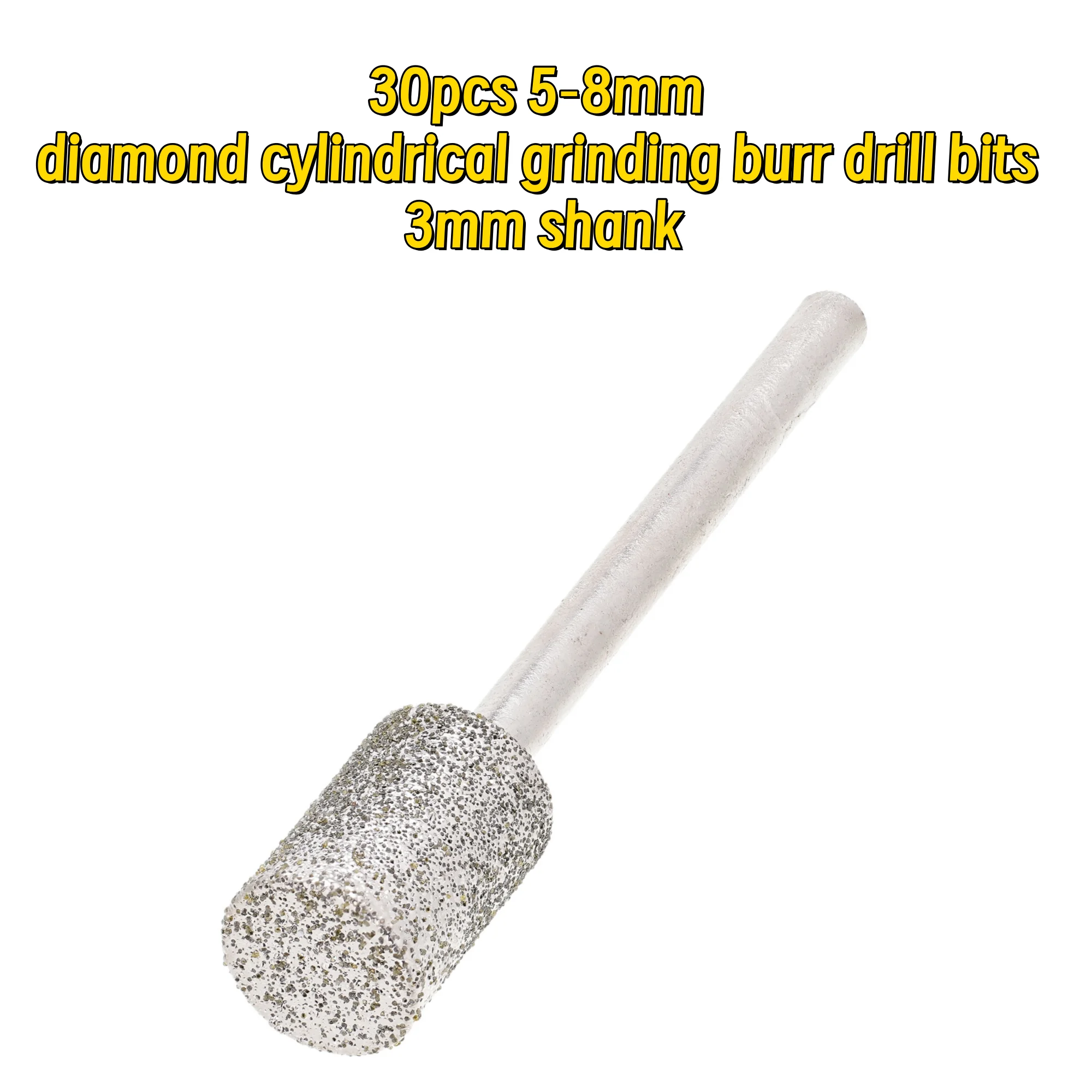30pcs 5‑8mm diamond cylindrical grinding burr drill bits 3mm shank, lapidary carving tool for glass stone gem jewelry polishing