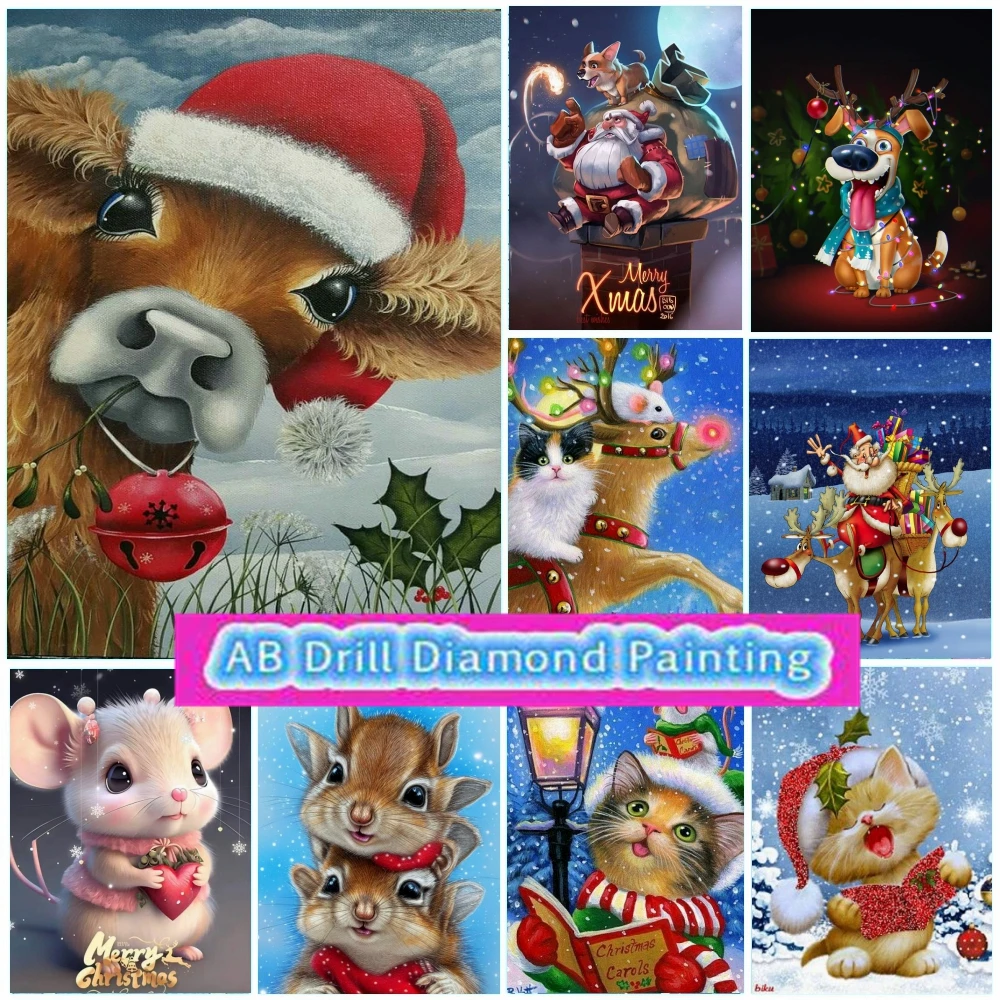 Christmas Eve 5d AB Drill Diamond Painting New 2023 Embroidery Cow Cat Puppy Santa Claus Art Diy Cross Stitch Home Decor Gift