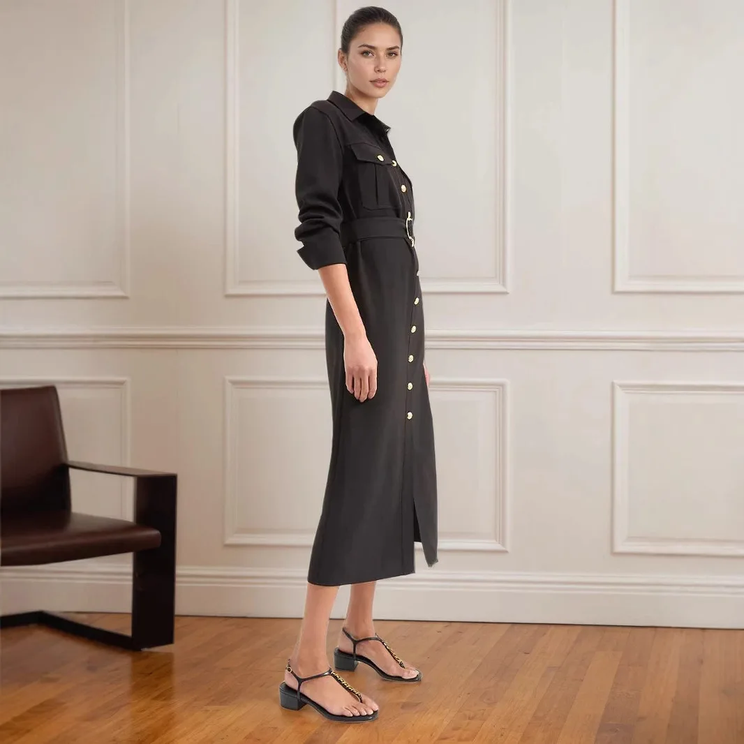 Autumn New Fashionable Metal Button Embellishment Shirt Dress 2025 Temperament Solid Color Lapel Long Sleeve Belt Slim Dress