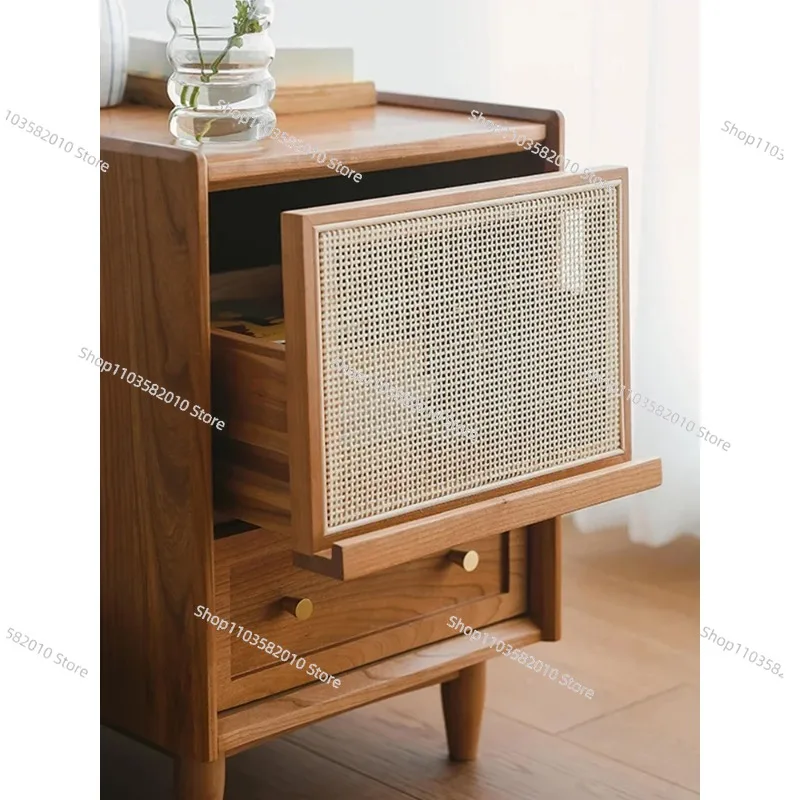 Rattan Weaving Bedroom Furniture - Bedside Table, Multifunction Small Cabinet & Solid Wood Night Stand Customized