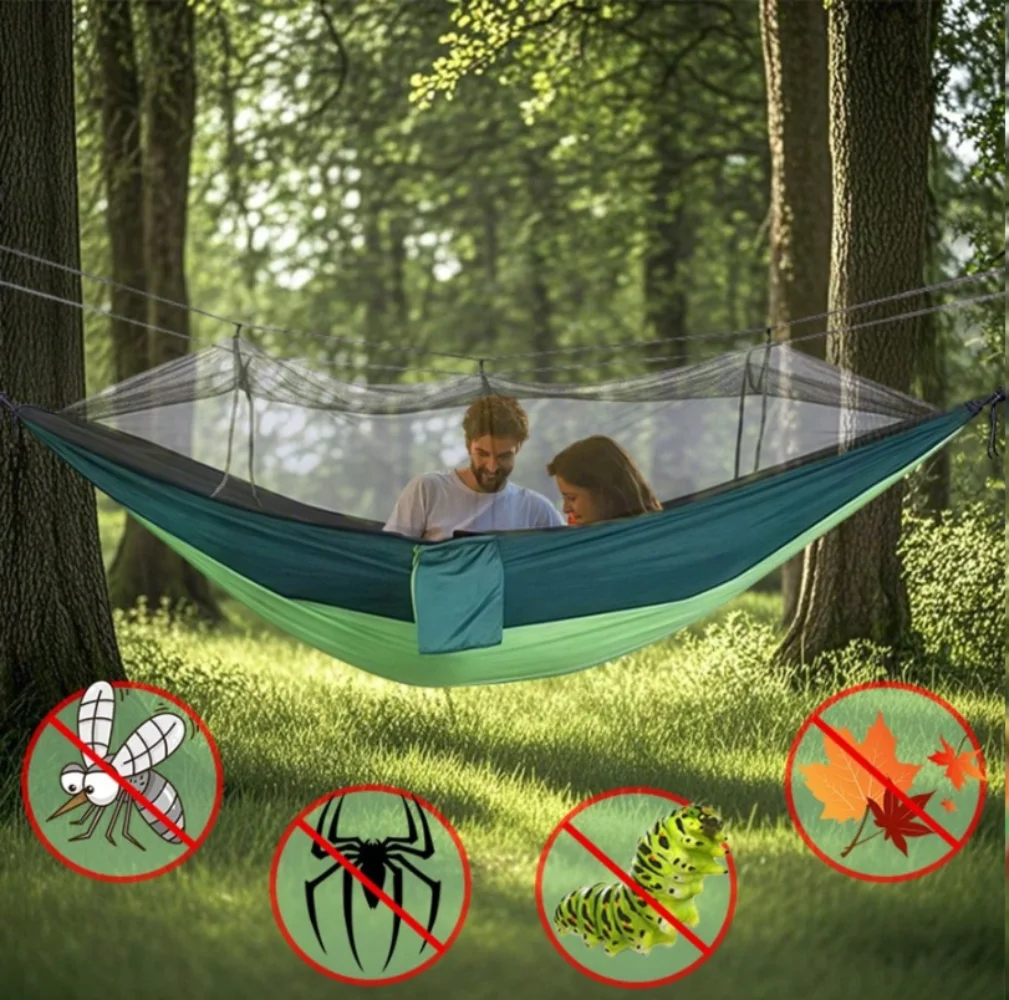 

Garden Hammock With Mosquito Net, Outdoor Furniture Bed, Parachute Fabric, Double Sleeping Swing, Portable Hanging, With Storag