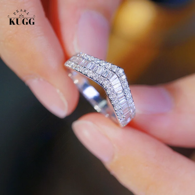 

KUGG 18K White Gold Rings Fashion V- Shaped Design 0.65carat Real Natural Diamond Engagement Ring for Women Wedding Jewelry