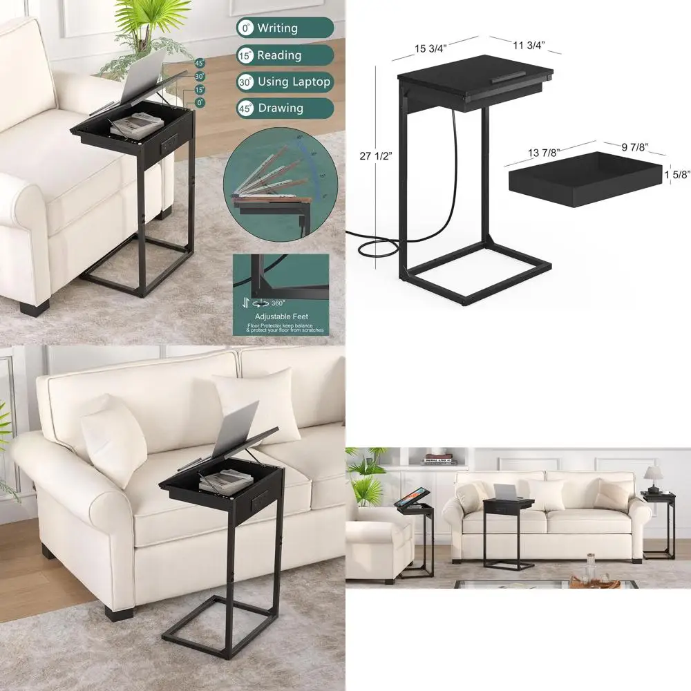 

Black 2-Piece C-Shaped End Table Set with Adjustable Flip Top and Charging Station for Small Spaces