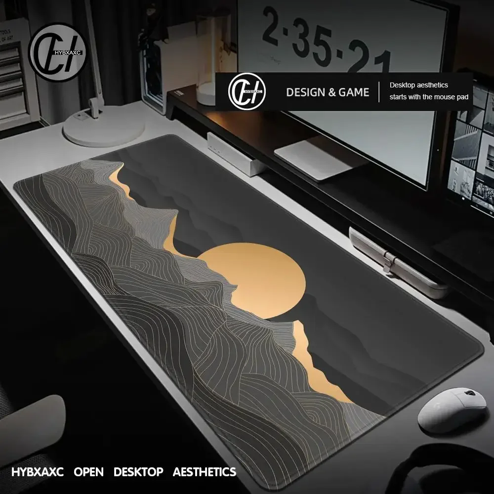 

120x60 Japanese Desk Mat Black&Gold Mousepad Abstract Mountains and Moon XXL Gaming Mouse Pad Computer Accessories Lock edge Mat