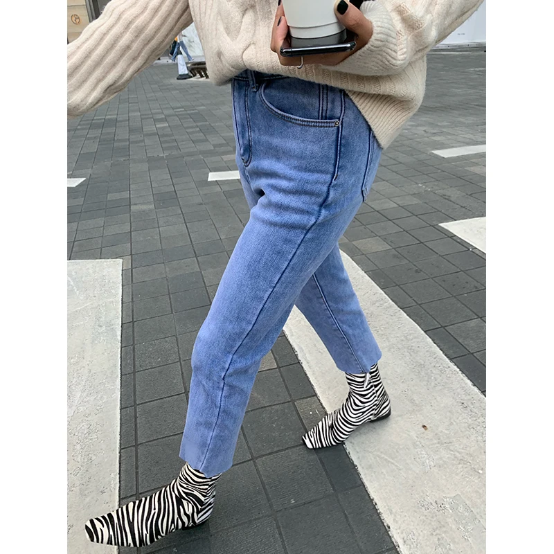 

Women's High Waist Fleece Lined Denim Jeans Thick Warm Autumn Winter Blue Slimming Nine Point Pencil Pants Versatile Straight...