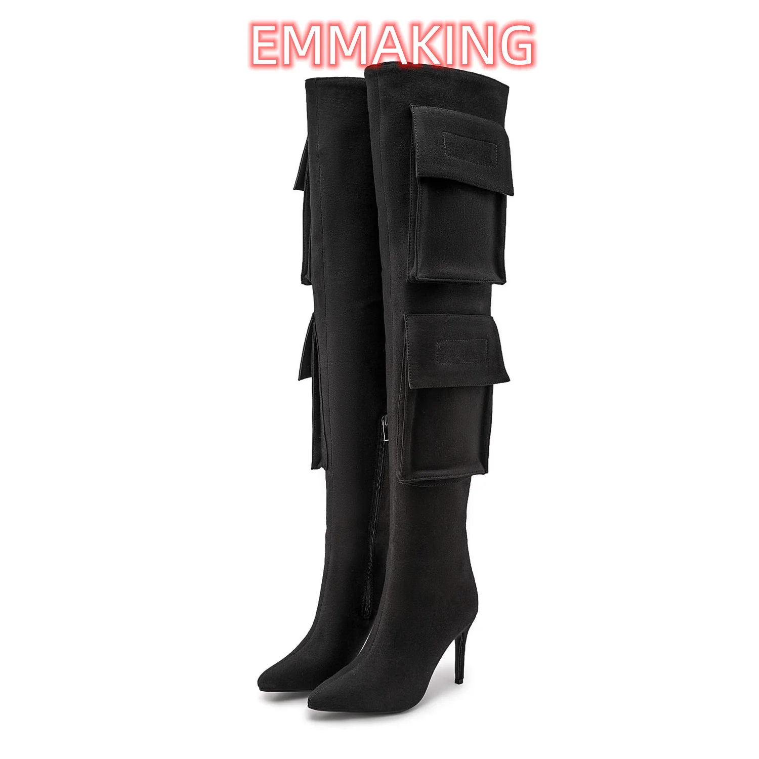 Newest Black Suede Over The Knee Boots Side Zipper Thin Heel Fashion Boots Runway Design Multi-pocket Work Boots Oversized Women