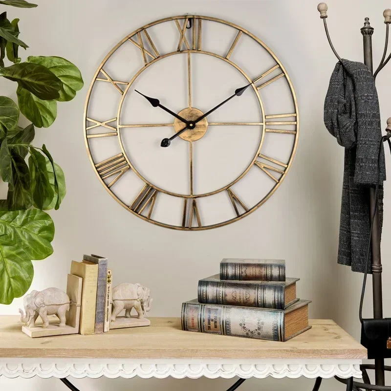 Modern 3D Large Wall Clocks Roman Numerals Retro Round Metal Iron Accurate Silent Nordic Hanging Ornament Living Room Decoration