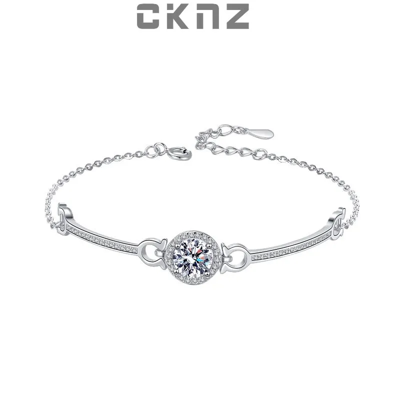 

Certified Real 1.0 Ct Moissanite Diamond Charm Hoop Sterling 925 Silver Bracelet Women's Hand Chain Original CKNZ Luxury Jewelry