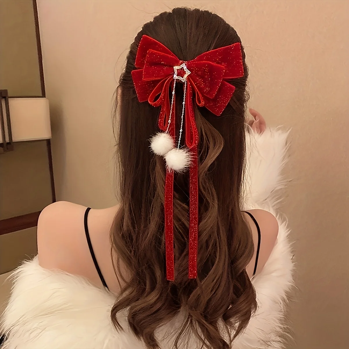 

Бархатная заколка с блестящим звездным бантом, милая и легкая роскошная с блестящей пятиконечной звездой и пушистым шариком - длинный хвост с кисточкой, відповідно