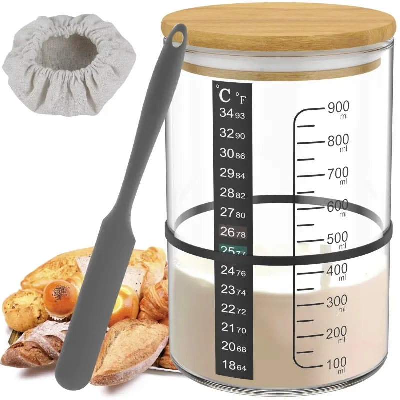 

900ml Sourdough Starter Jar Kit Clear Glass Heat Resistant Sourdough Starter Container Baking Fermentation Jar Food Storage