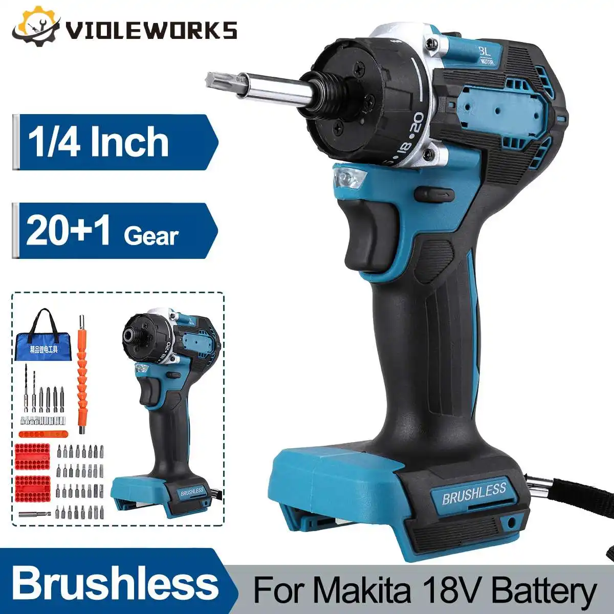 

20+1 Torque 1/4inch Brushless Electric Screwdriver Cordless 280N.m Electric Drill with 46pcs Accessories For Makita 18V Battery