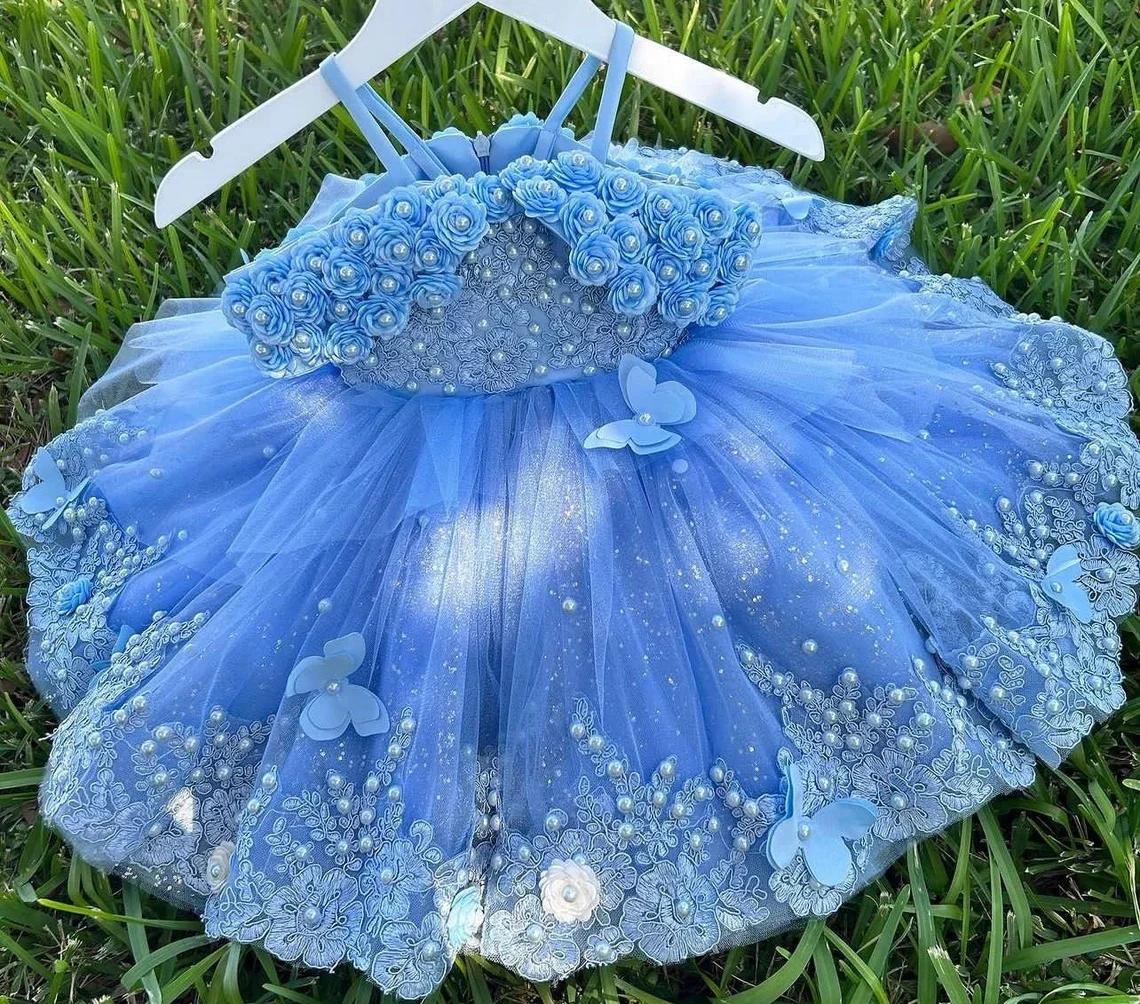 Fashion Toddler Flower Girl Dress Tulle Pearls Wedding Baby Girl Birthday Party Dress Long Off spalla Appliques Princess Dress