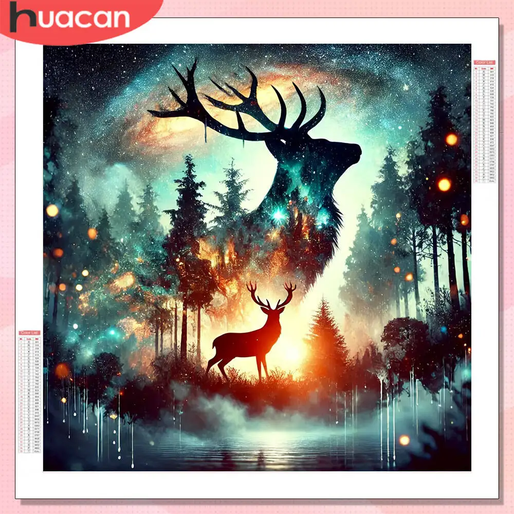HUACAN Diamond Painting Deer Christmas Full Round Drill Wall Decor Mosaic Tree Winter Forest Rhinestones