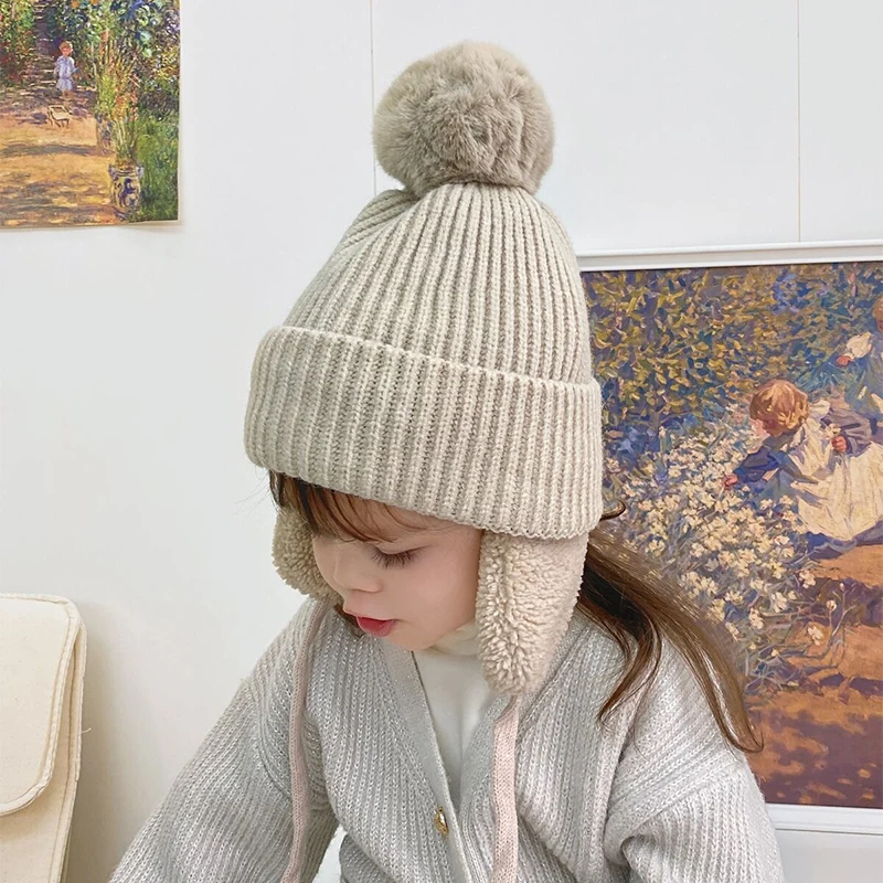 Children Warm Earmuffs Cap Cute Plush Ball Knitted Hat 2-8year Kids Ear Protection Hats Baby Solid Woolen Winter Beanies Bonnet
