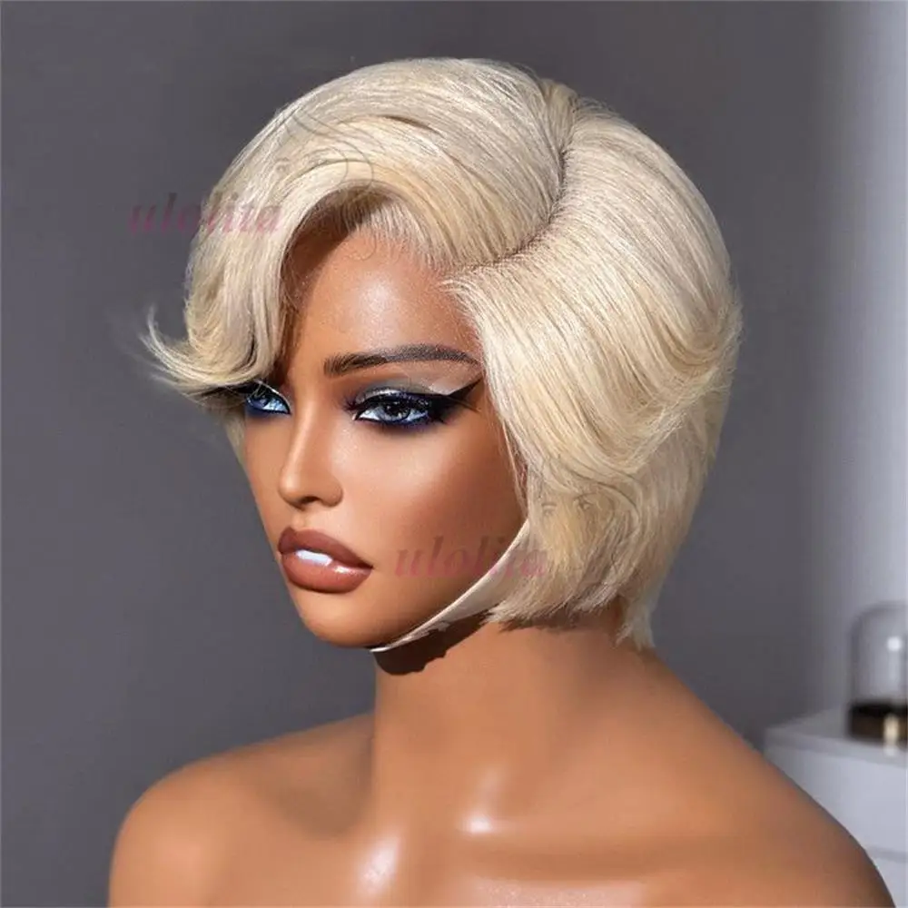 Pixie Cut Perücke Brasilianisches 613 Blondes Glattes Haar mit Seitenscheitel 13x4 Kurzer Bob HD Transparente Lace Front Echthaarperücke für Frauen – Detail 3