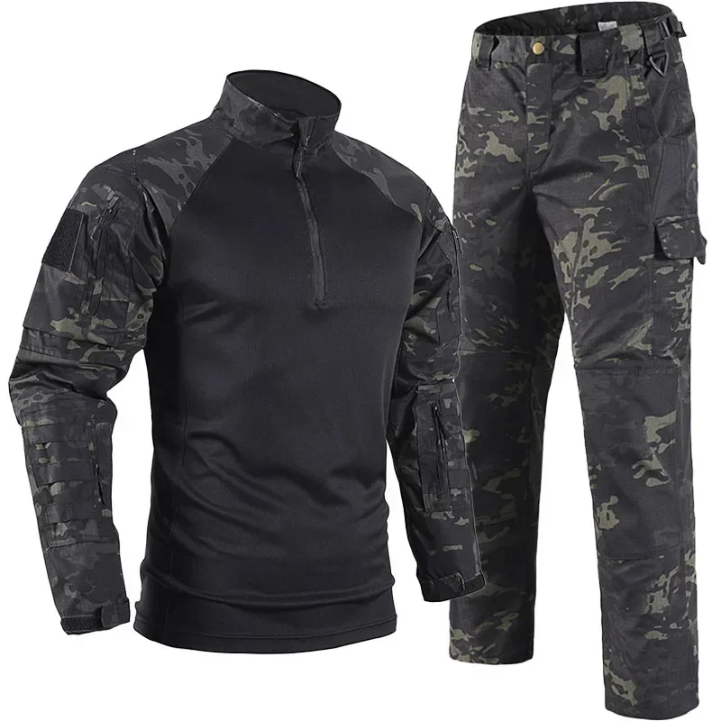 Ruins Camo Tactical Sets Men Autumn Breathable Quick-drying Training Tshirts+Multi-pocket Wear-resistant Cargo Pants 2 Pcs Suits