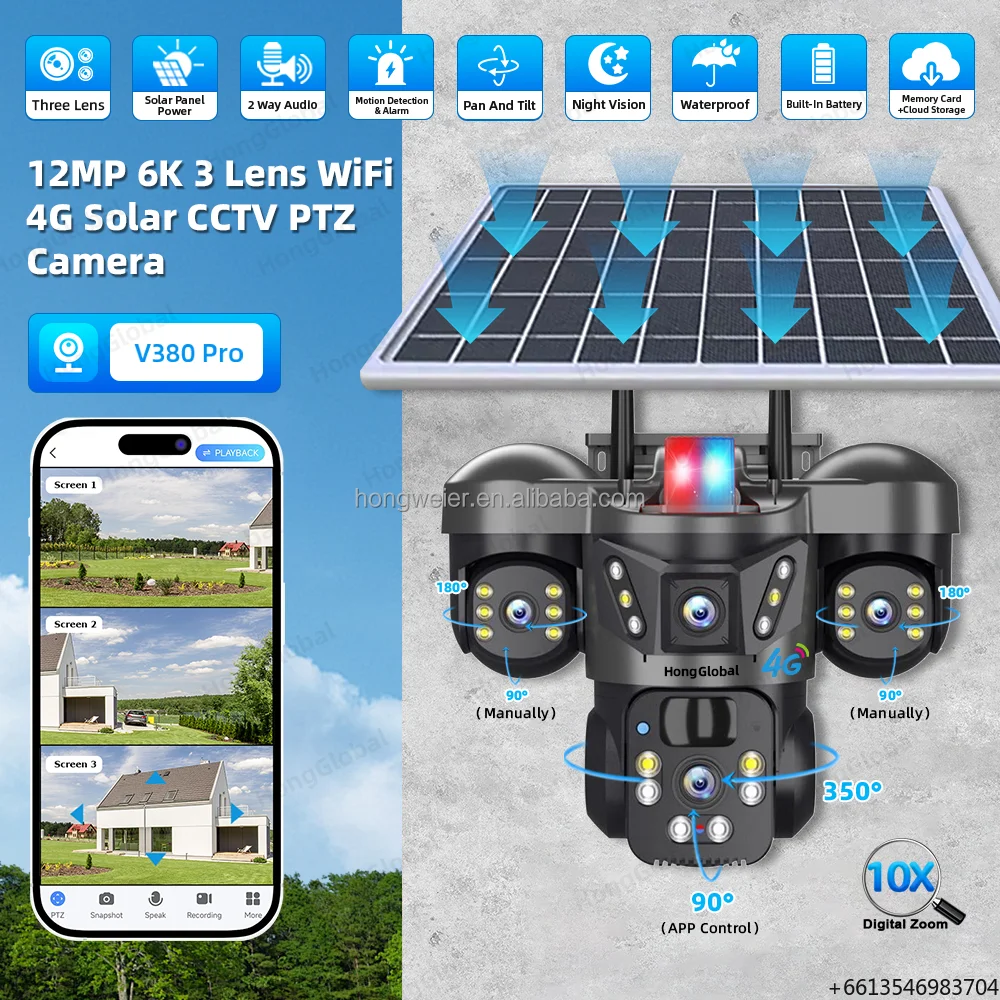 HongGlobal 12MP 6K Three Lens IP Wireless 360 Solar Powered Video WiFi Camera V380 Pro Outdoor Security 4G Sim Card Solar Camera