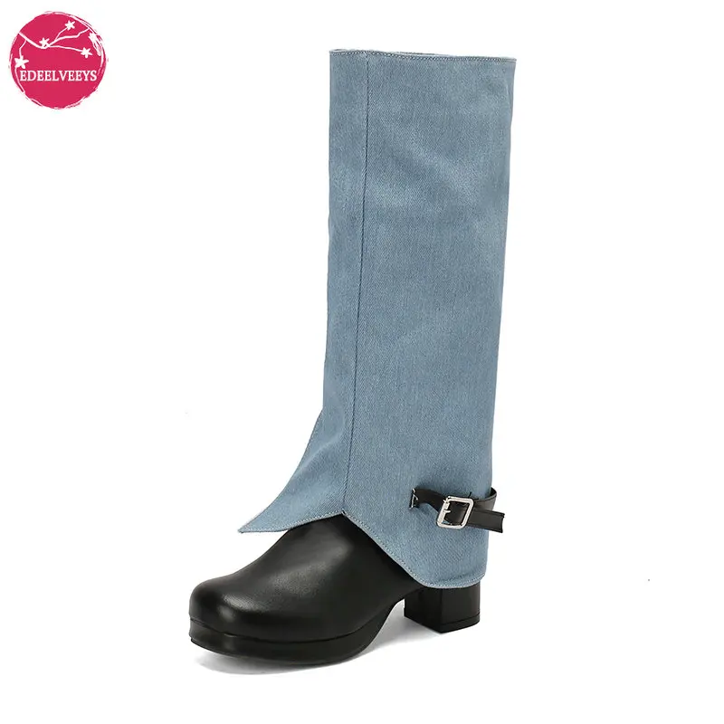 Plus Size 34-50 Women's Denim Boots Cowboy Western Fold Over Cowgirl Boots Chunky Stacked Heel Round Toe Pull On Wide-Calf Boots