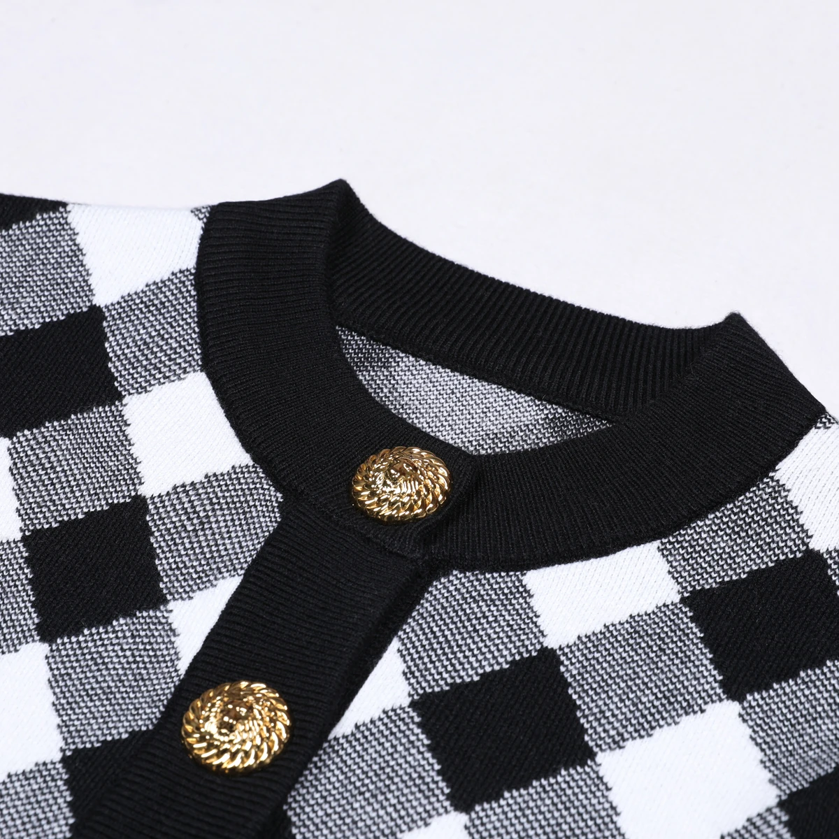 Primavera nuevo temperamento de moda de alta calidad elegante suéter de punto de manga larga cuello redondo cárdigan a cuadros chaqueta de lana