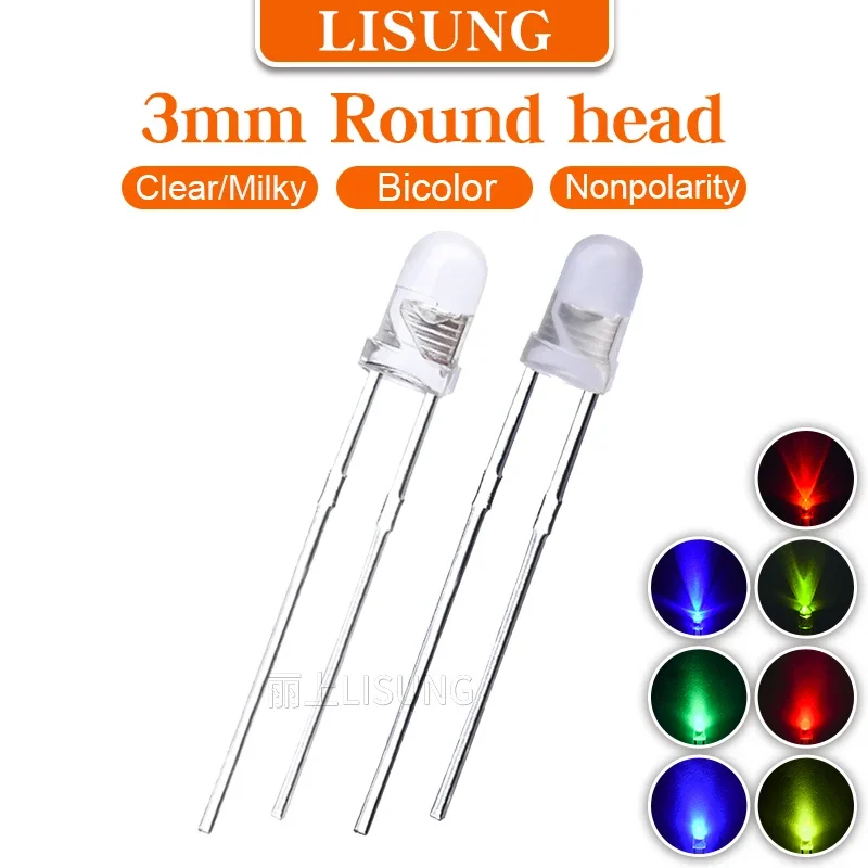 3mm LED BiColor Diffused Water Clear Red Green Blue Bi Color Non Polar Round Promise Twocolor 2 Legs Non Polarized Two Tone Led