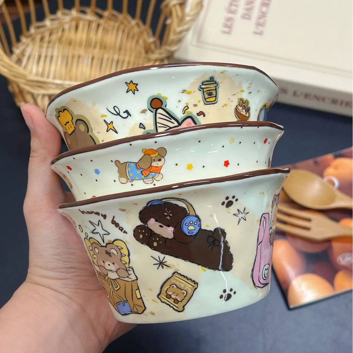 

New High-value Bamboo Hat Bowls, Household Hand Molded Rice Bowl, Cute Animal Party Ceramic Bowl, Kitchen Utensils Soup Bowl