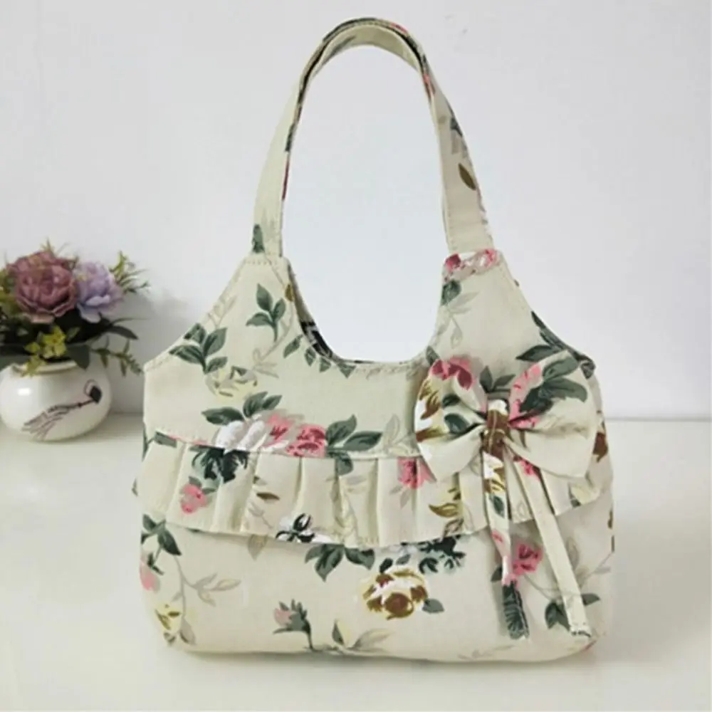 New Retro Canvas Handbag Fashion Flower Printed Bow Shoulder Bag Mini Bag Women Small Canvas Bag