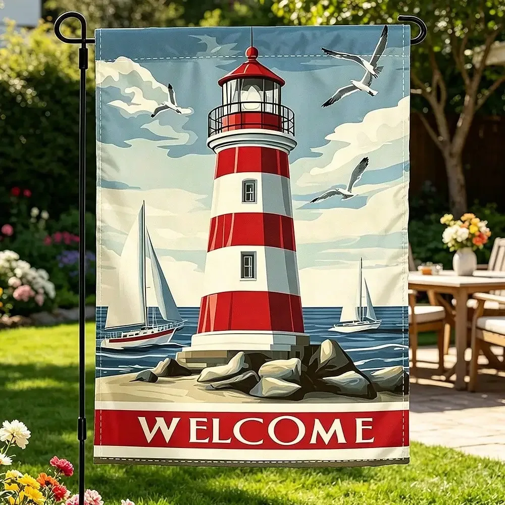 

Nautical Lighthouse Garden Flag Double Sided Summer Coastal Ocean Seagull Sailboat Yard Flag Holiday Seasonal Home Decor NO POLE